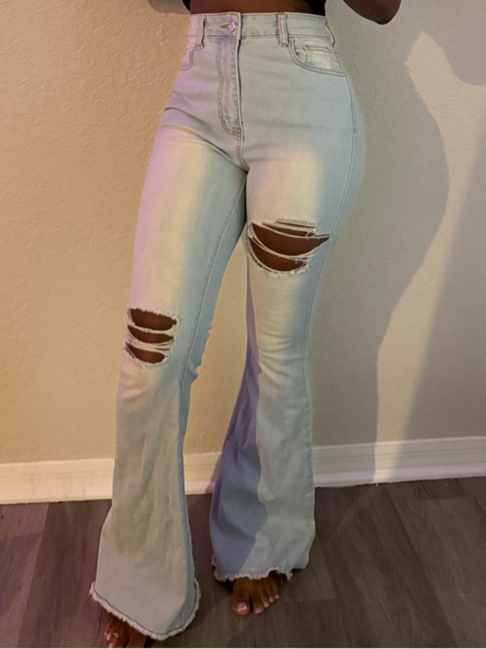 SHEIN Light Blue High-Rise Ripped Flare Jeans